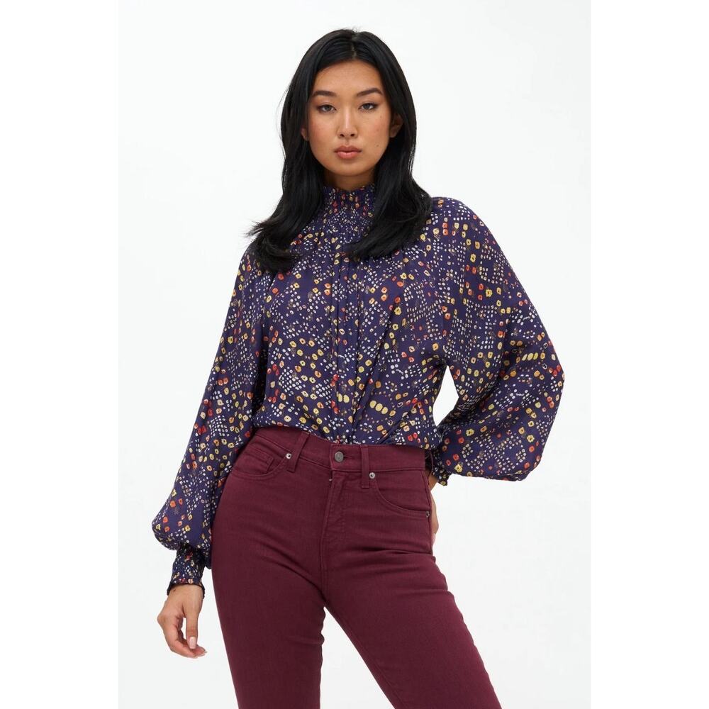 NWOT Oliphant Mandarin Balloon Sleeve Blouse Shabori Indigo Size XL